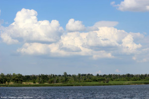Небо, облака, берег Берекского водохранилища